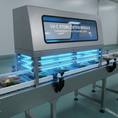 Modulo di sterilizzazione UV-C modulare montato su nastro trasportatore per linee di imballaggio alimentare trasparente