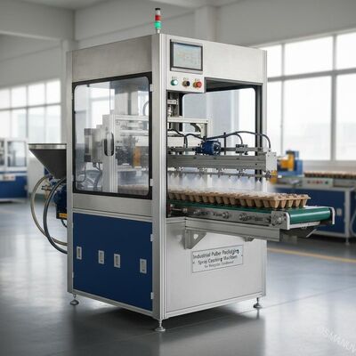 Macchina per verniciatura a spruzzo di imballaggi in fibra di polpa industriale con sistema di spruzzo a moto alternativo di precisione per cartone riciclato