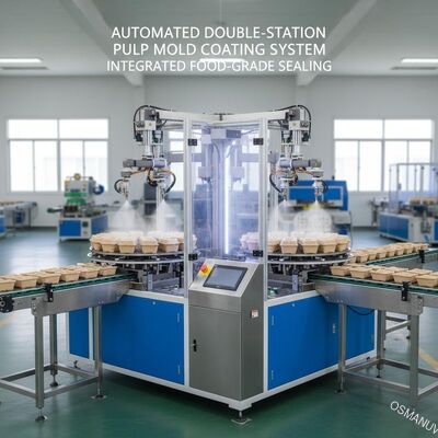 Sistema automatizzato di rivestimento per stampaggio di polpa a doppia stazione per la sigillatura integrata di imballaggi alimentari in polpa di canna da zucchero e paglia