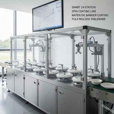 Linea di spin coating intelligente a 24 stazioni per rivestimenti barriera acqua/olio di stoviglie stampate in polpa