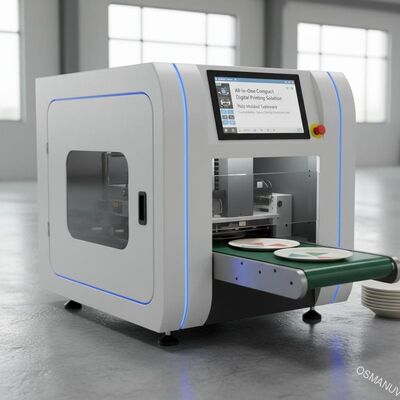 Soluzione di stampa digitale compatta all-in-one per stoviglie stampate in polpa. Unità di produzione personalizzabile e che risparmia spazio