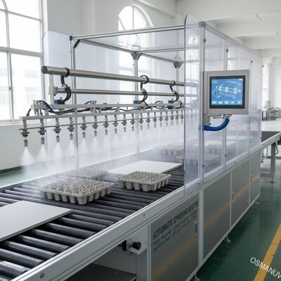 Sistema di spruzzatura automatica per rivestimento | Soluzione per l'applicazione uniforme della vernice su stampaggio di polpa e pannelli edili