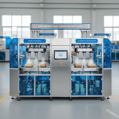 Sistema di rivestimento a doppia stazione personalizzabile. Per rivestimento interno uniforme della polpa da pasta. Modellazione di imballaggi alimentari ecologici.