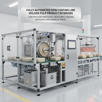 Linea di rivestimento a rotazione completamente automatica per interni di prodotti di pasta stampata. Per un rivestimento efficace resistente all'acqua e all'olio su contenitori e vassoi alimentari.