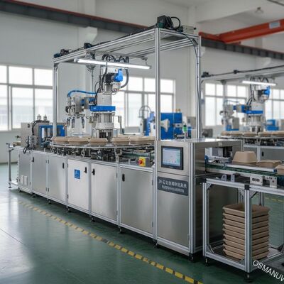 Linea di rivestimento rotante a 24 stazioni per il rivestimento interno della stampatura della pasta. Sistema di produzione automatizzato ad alto volume.