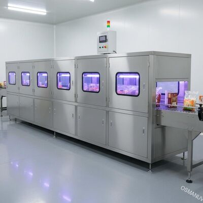 Tunnel di sterilizzazione UV industriale per imballaggi alimentari e articoli sfusi - sistema in linea trasportato