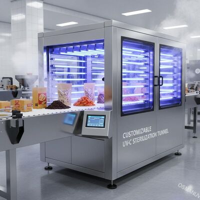 Tunnel di sterilizzazione superficiale UV-C personalizzabile per linee di lavorazione di imballaggi alimentari e frutta secca sfusa